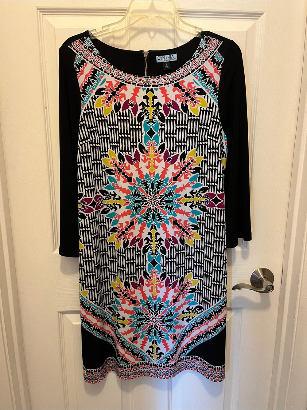 Cynthia Rowley Black Dress with Bright Multi-Color Medallion Print